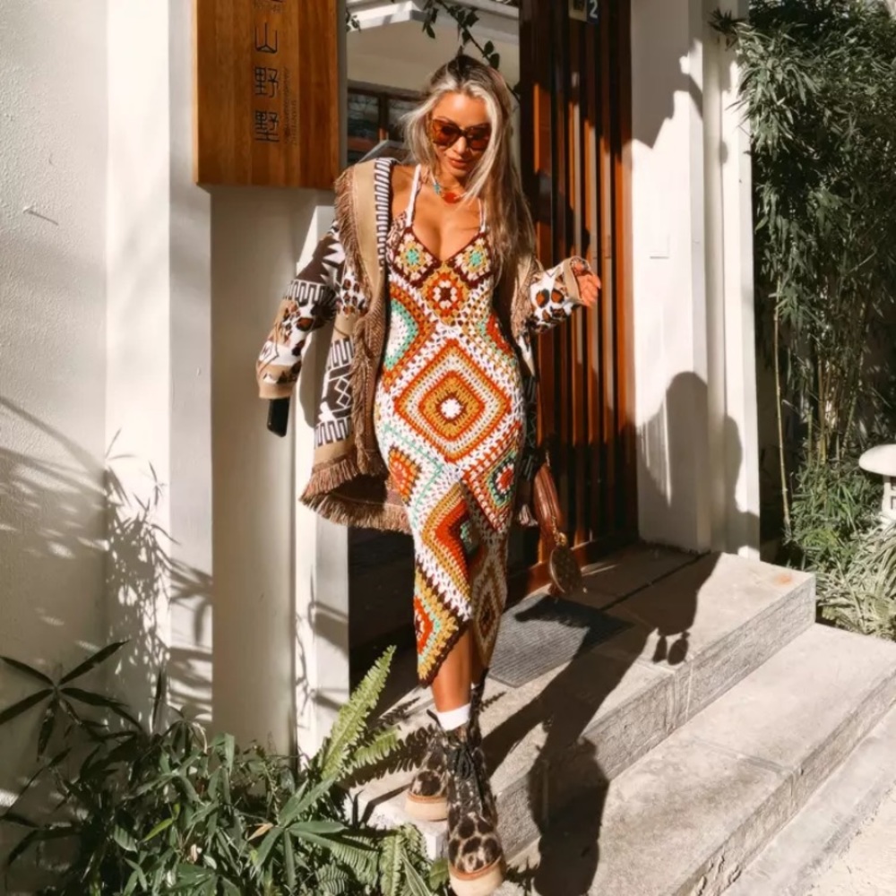 SOLD OUT Boho Handmade Multi Color Crochet Coverup Dress - Picture 2 of 13